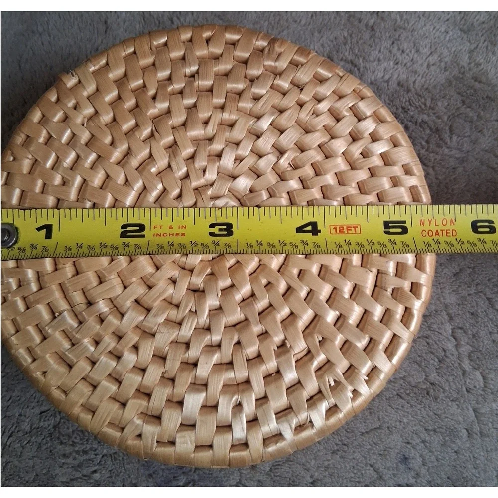 Vintage Handwoven Rattan Coaster Set of 6 with Round Lidded Basket Holder Boho